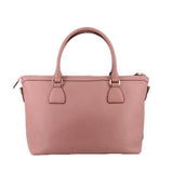 Blush leather zip-top satchel with two top handles and front hanging tab