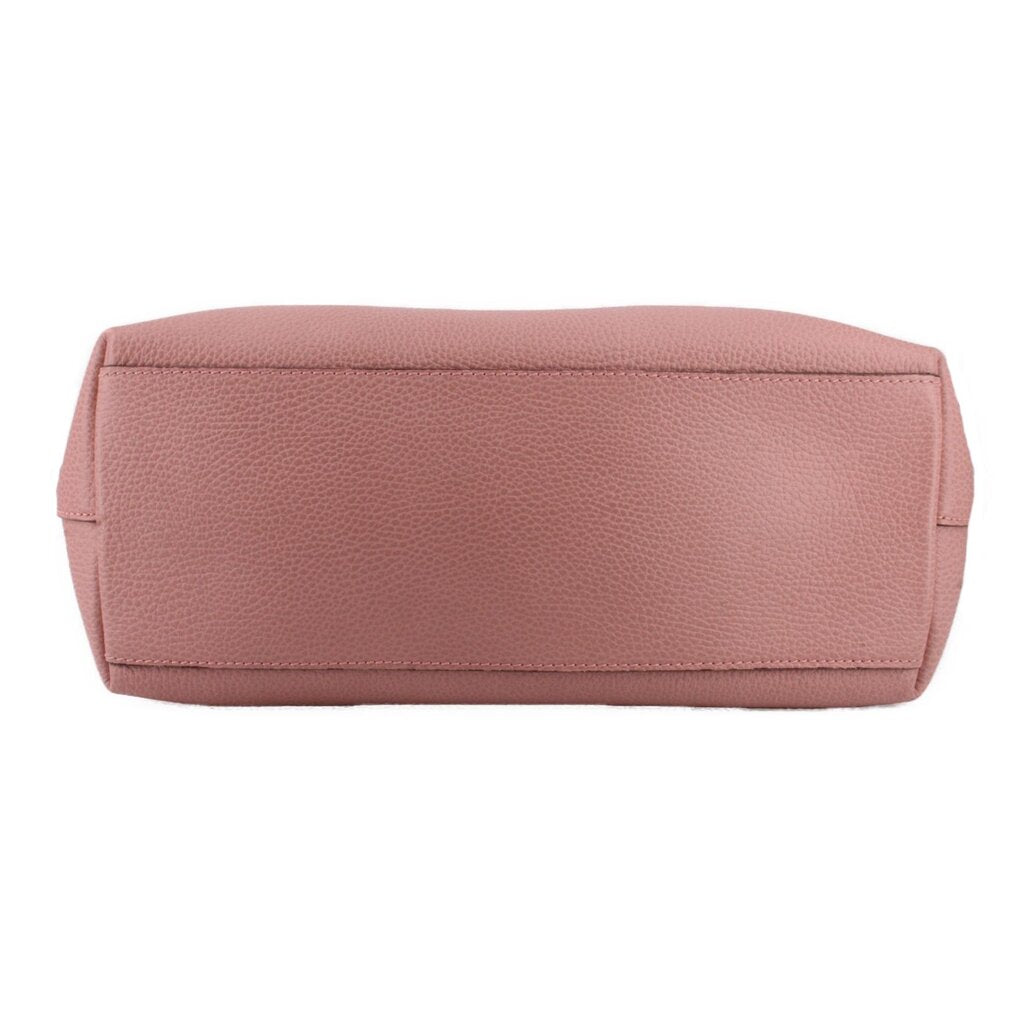 Blush leather zip-top satchel with pebble grain texture and front panel