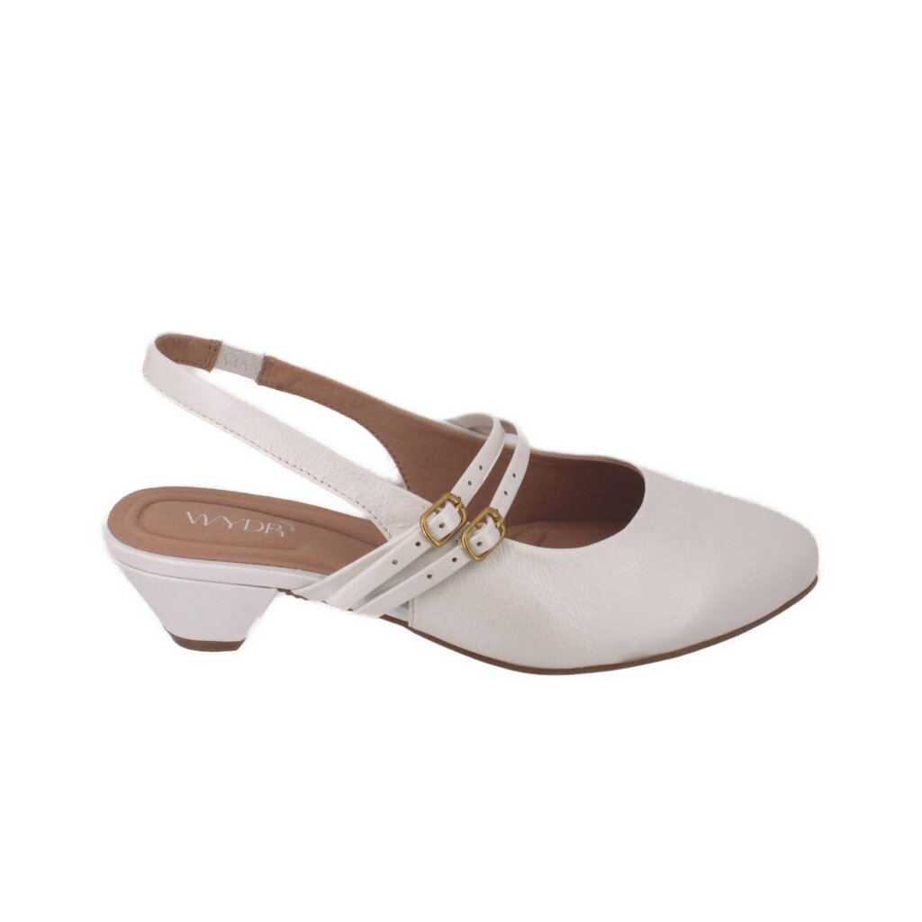 WYDR ARIA Mary Jane heels, white with two-strap slingback and low block heel