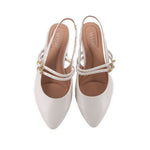 WYDR ARIA Mary Jane heels, white uppers with crisscross straps and gold buckles