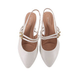 WYDR ARIA Mary Jane heels, white uppers with crisscross straps and gold buckles