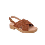 Brown woven low platform sandals with crisscross straps and gold-tone buckle