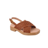 Brown woven low platform sandals with crisscross straps and gold-tone buckle
