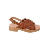 Brown woven low platform sandals with double straps and gold-tone buckle