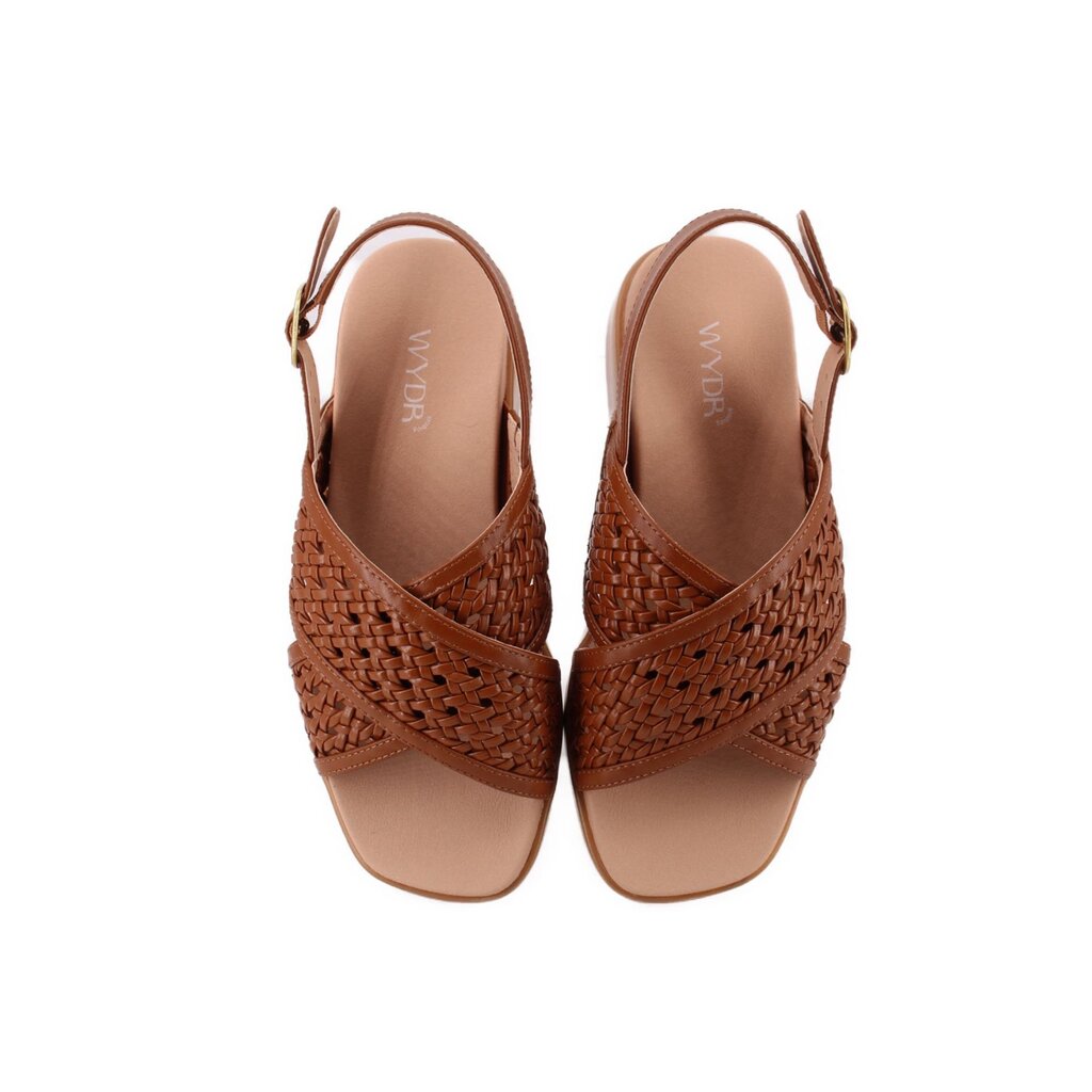 Brown woven low platform sandals with open toe, ankle strap, and buckle