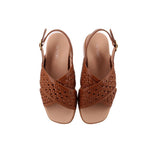 Brown woven low platform sandals with open toe, ankle strap, and buckle