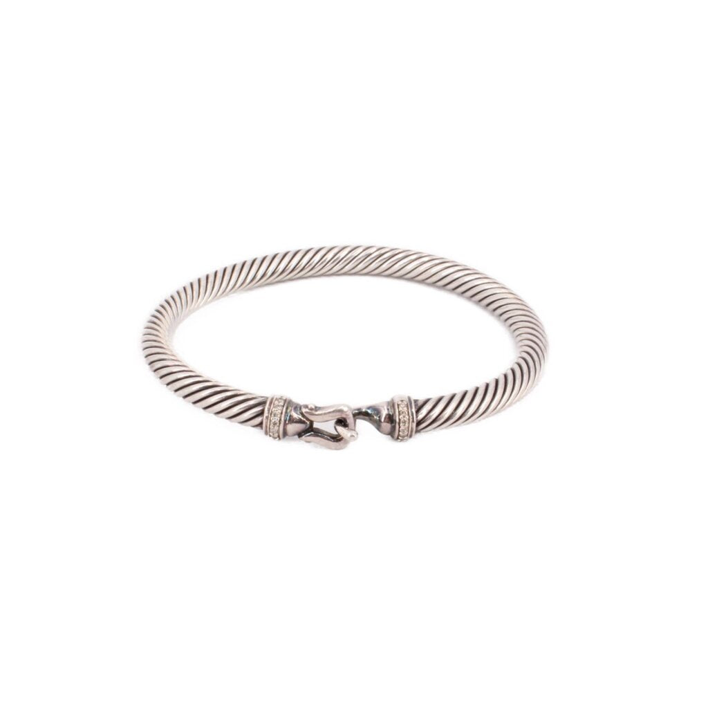 Sterling silver cable bracelet with diamond-accent buckle clasp at center