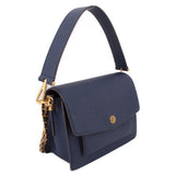 Navy crossbody bag with front flap and gold hardware, shown at a side angle