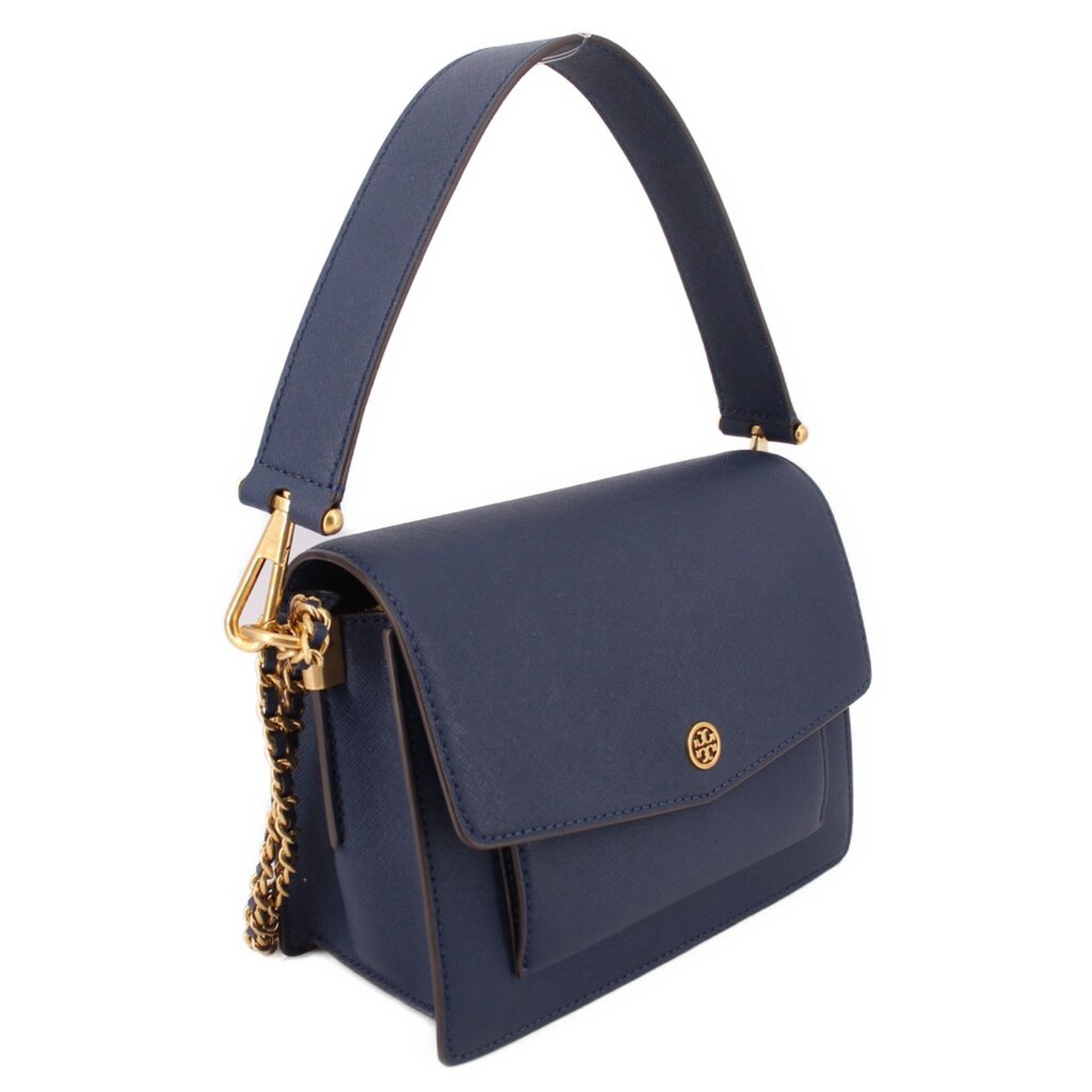 Navy crossbody bag with adjustable strap, front flap and gold-tone turn-lock