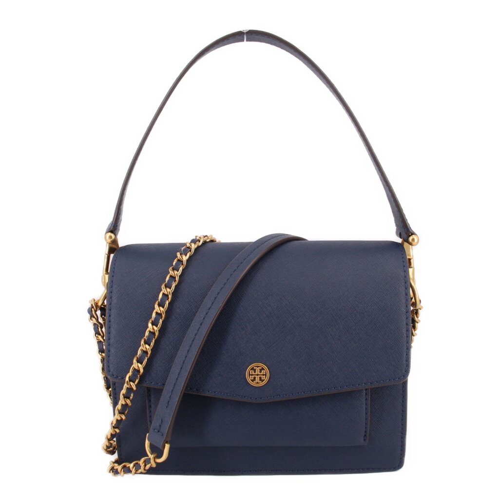 Navy convertible crossbody bag with flap, gold-tone logo and chain strap