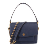 Navy convertible crossbody bag with flap, gold-tone logo and chain strap