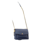Navy mini crossbody bag with flap front and long chain strap, gold logo emblem