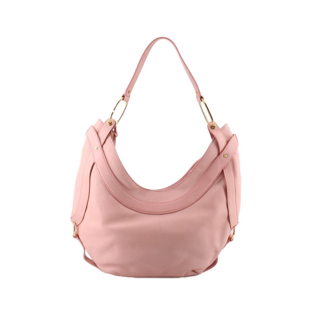 Pink leather hobo handbag with shoulder straps and gold-tone hardware