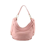 Pink leather hobo handbag with shoulder straps and gold-tone hardware