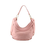 Pink leather hobo handbag with shoulder straps and gold-tone hardware