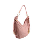 Pink leather hobo bag with wide shoulder straps and gold-tone charm