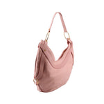 Pink leather hobo bag with gold-tone hardware and adjustable shoulder strap