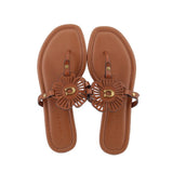 Brown thong sandals, two slides straps with flower applique and gold-tone studs