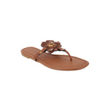 Brown thong sandals with flower cutout strap and gold-tone center detail, US 7