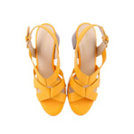 Yellow heeled sandals, two-strap crisscross front and slingback ankle strap