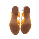 Yellow heeled sandals outsole view with textured tread and ankle straps