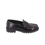 Black leather loafer, side view with slip-on strap and chunky tread sole