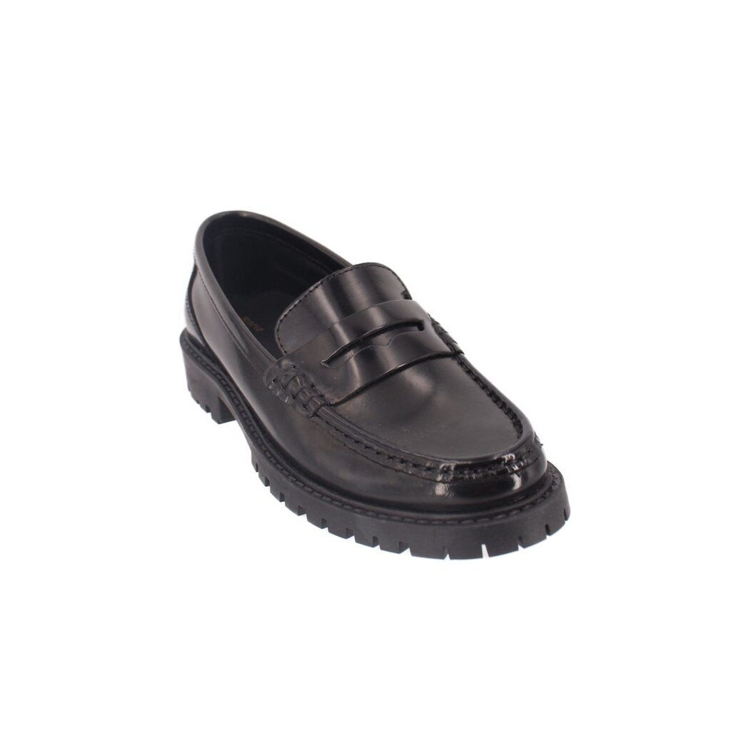 Black leather loafer with penny strap and rugged lug sole