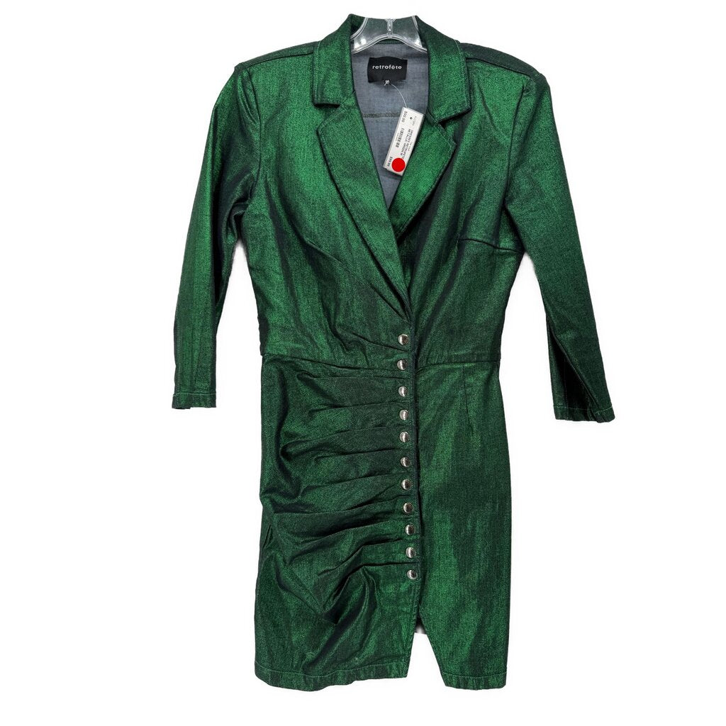 Metallic green button-front mini dress with lapel collar and long sleeves