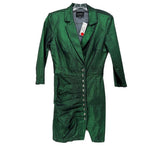 Metallic green button-front mini dress with lapel collar and long sleeves