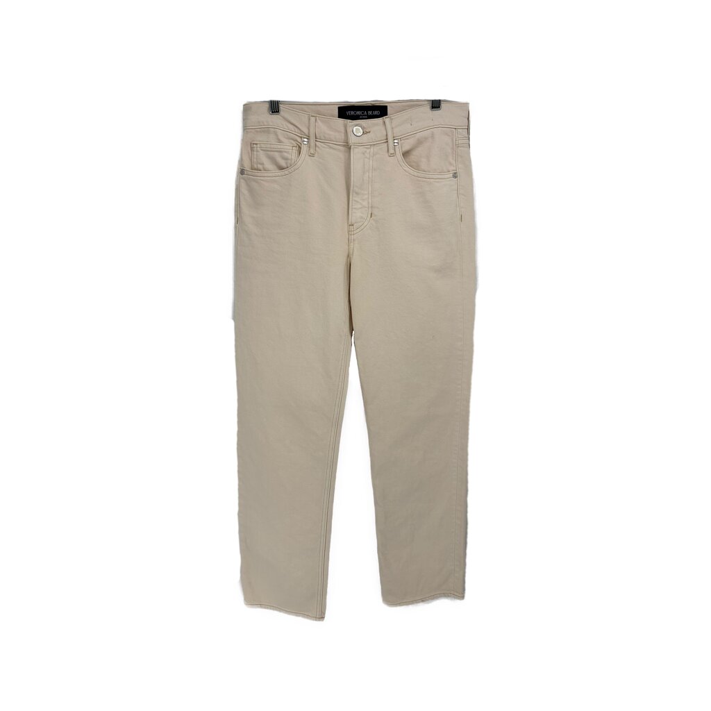 Cream straight denim jeans with button fly, front pockets and belt loops
