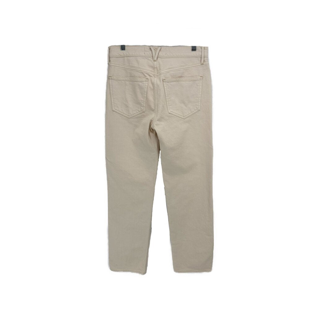 Cream straight denim jeans with back yoke, two rear pockets and belt loops