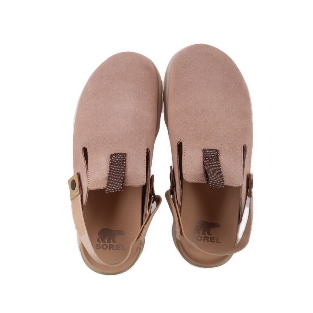 Nude suede clog flats with strap detail across the top