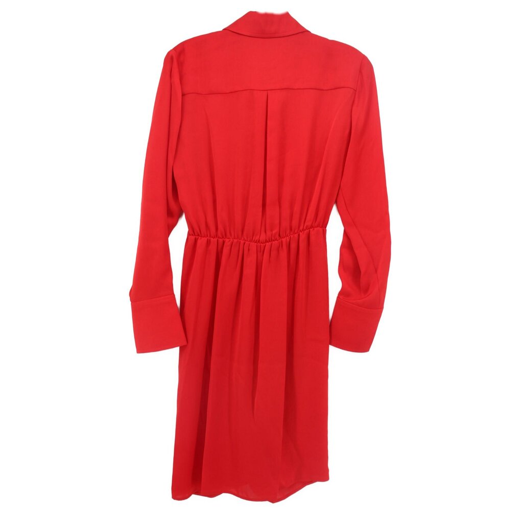 Red satin shirt dress with gathered back waist seam and long sleeves