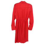 Red satin shirt dress with gathered back waist seam and long sleeves