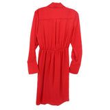 Red satin shirt dress with gathered back waist seam and long sleeves