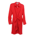 Red satin shirt dress with collar, button front, and waist tie belt
