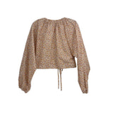 Floral peasant blouse with long sleeves, smocked neckline, drawstring tie waist