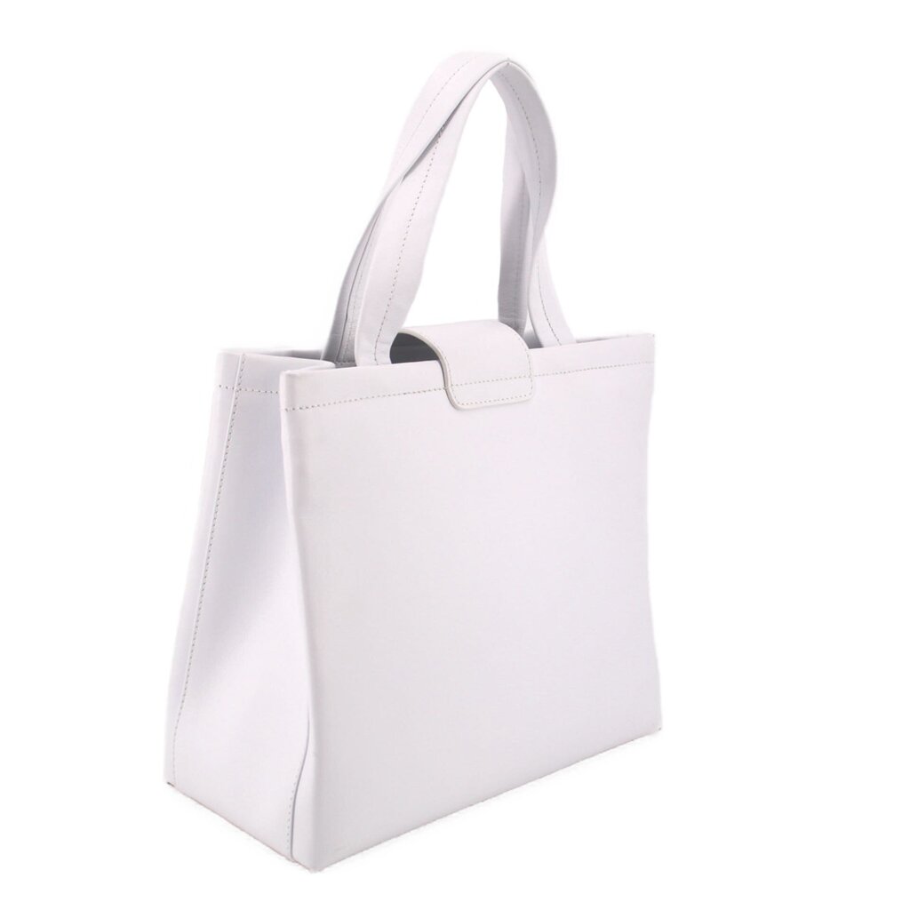 White leather crossbody tote side view with top handle and structured body