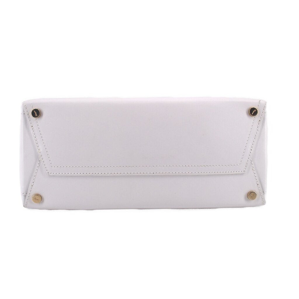 White leather crossbody tote front panel with snap hardware and stitched seams