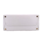White leather crossbody tote front panel with snap hardware and stitched seams
