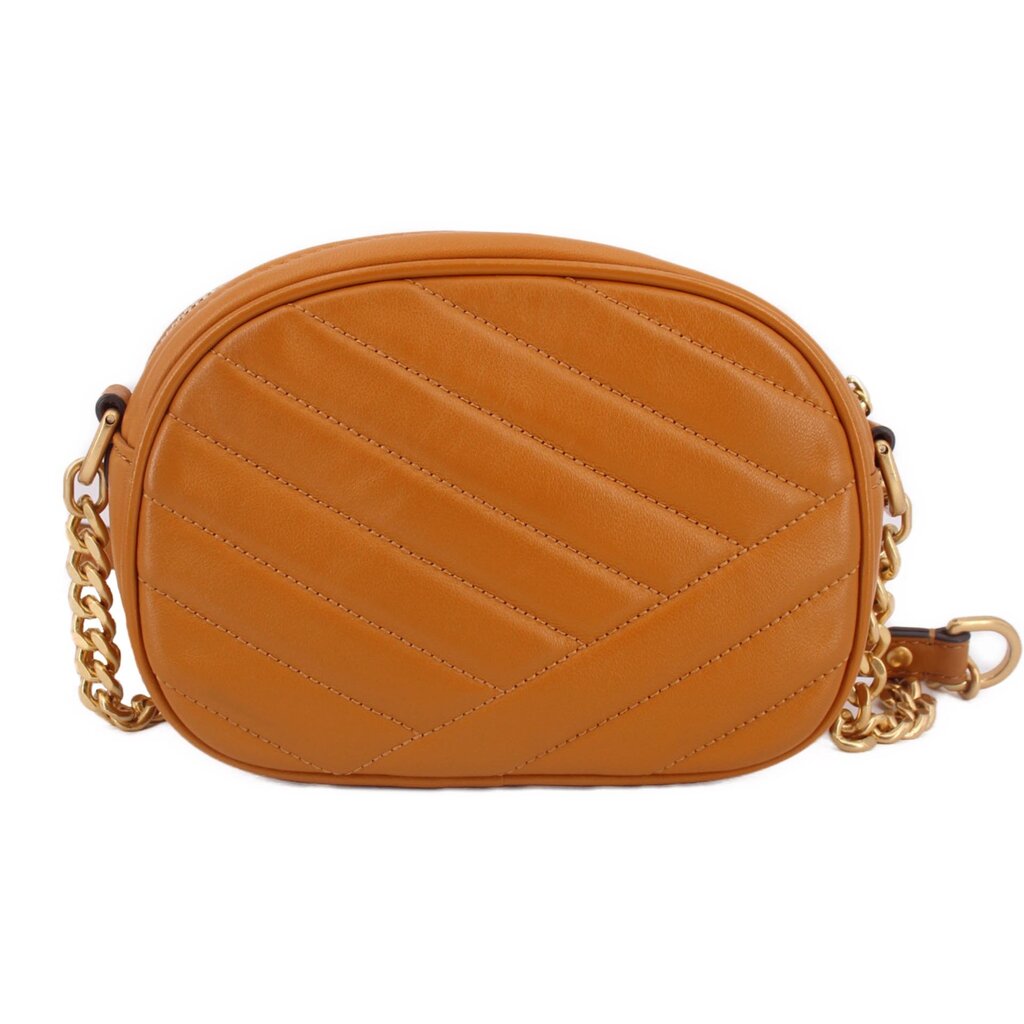 Orange Kira camera crossbody bag with chevron-quilted leather and gold-tone hardware