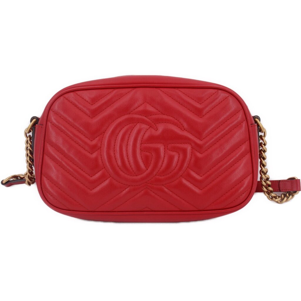 Red quilted leather camera crossbody bag, embossed GG logo on front