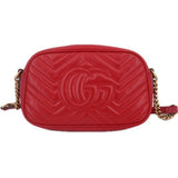 Red quilted leather camera crossbody bag, embossed GG logo on front