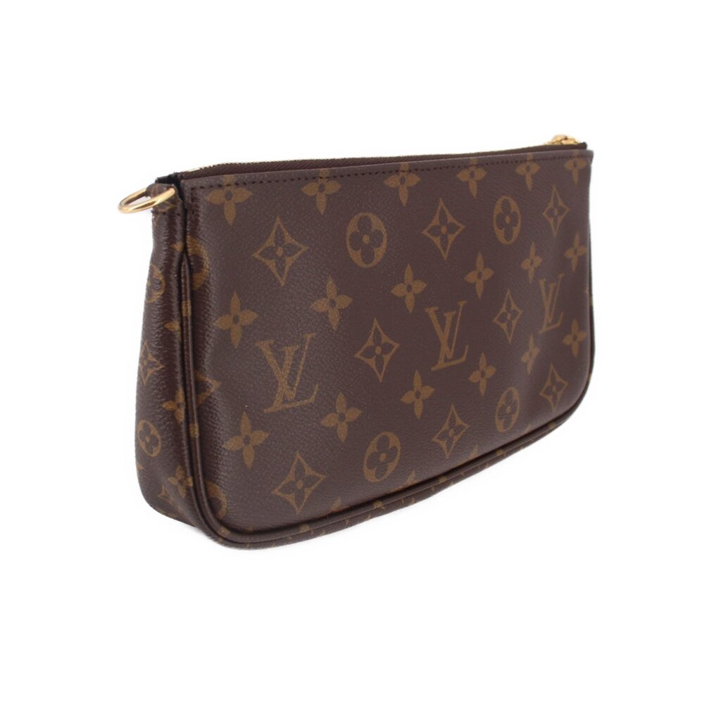 Brown monogram small pouch with curved side profile and top zipper closure
