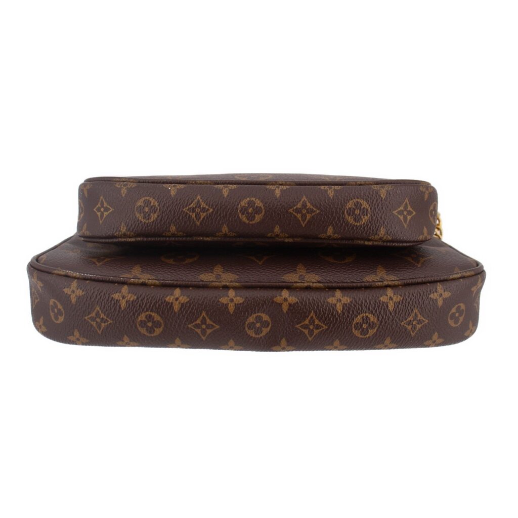 Brown monogram crossbody pouch with wide band trim and top zipper edge