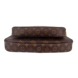 Brown monogram crossbody pouch with wide band trim and top zipper edge