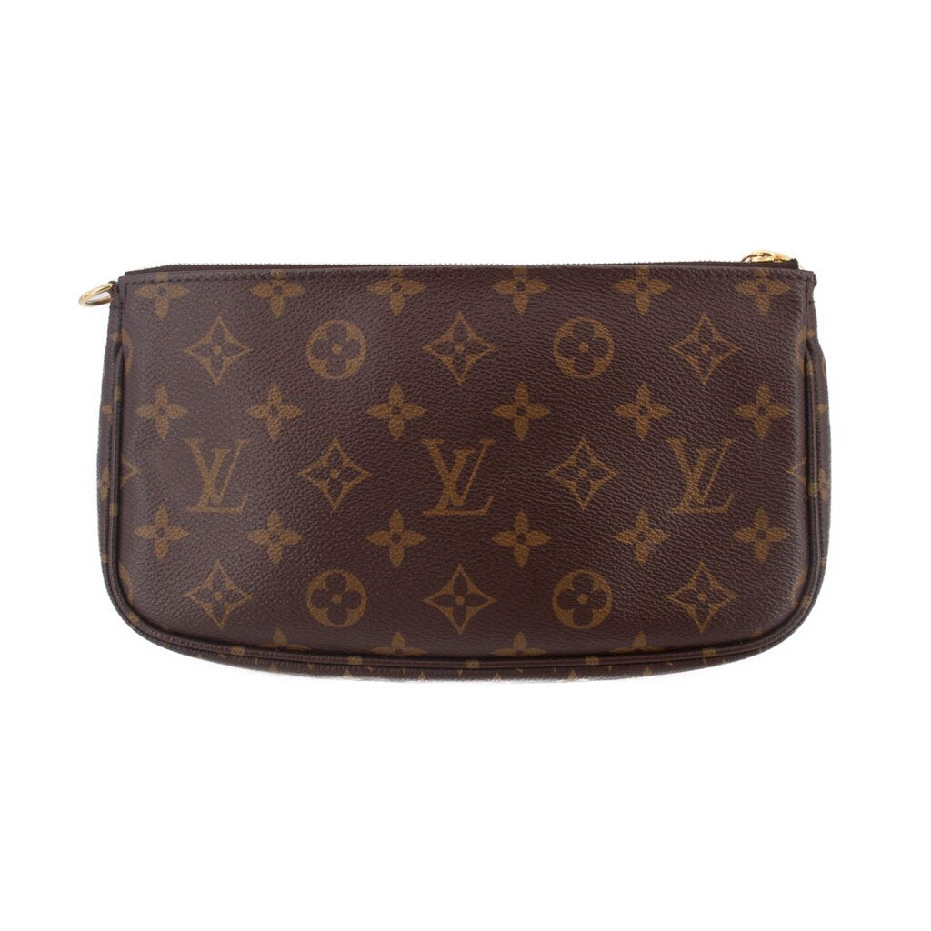 Brown monogram pouch with top zipper, smooth front panel, and gold hardware