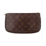 Brown monogram pouch with top zipper, smooth front panel, and gold hardware