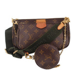 Brown monogram Multi Pochette crossbody bag with gold chain and front zip pockets