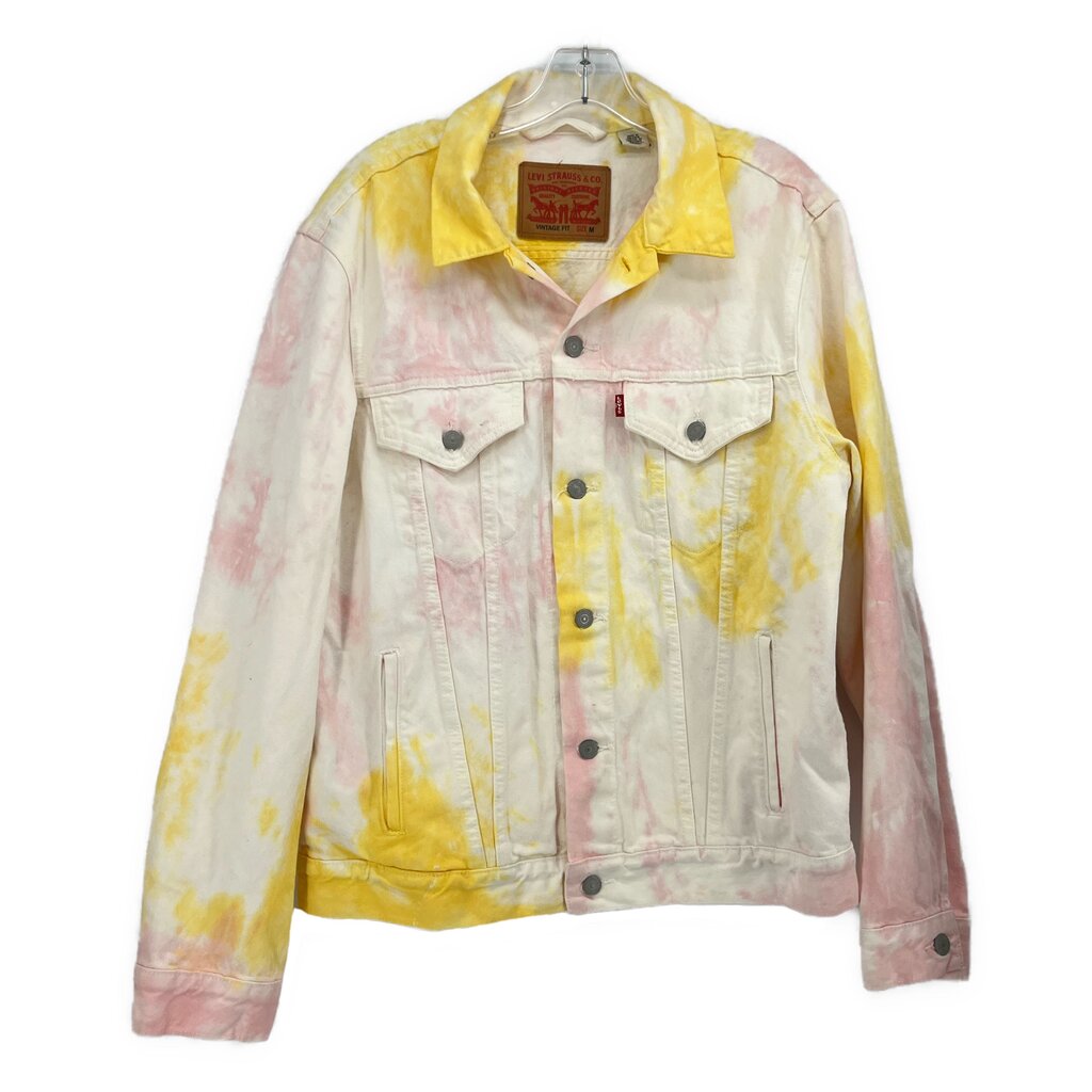Tie-dye denim jacket with button front, yellow and pink wash, two chest pockets